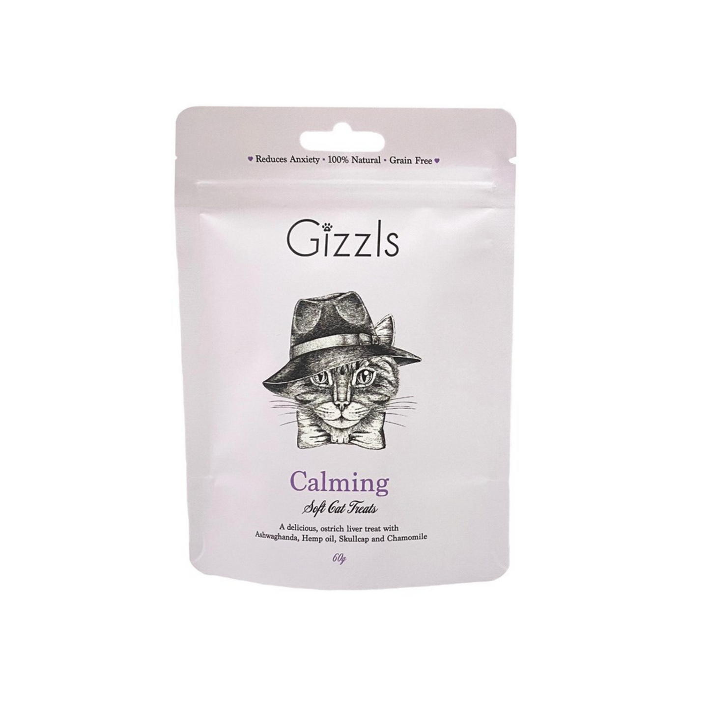 Packaging for Gizzls Calming Soft Cat Treats featuring a cat in a fedora, labeled as grain-free and 100% natural.