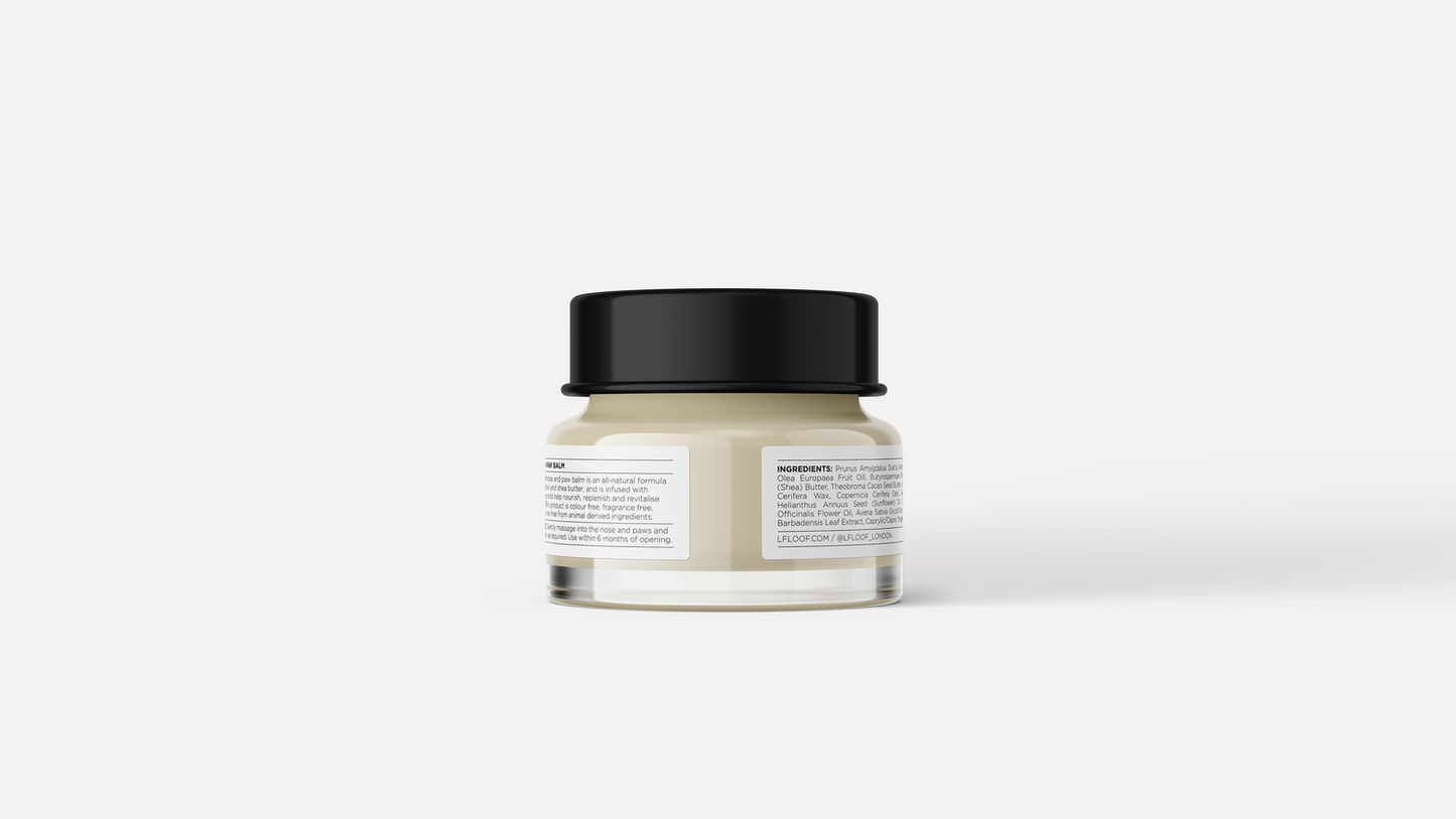 back of l'floof boop and beans paw balm jar displaying ingredients list