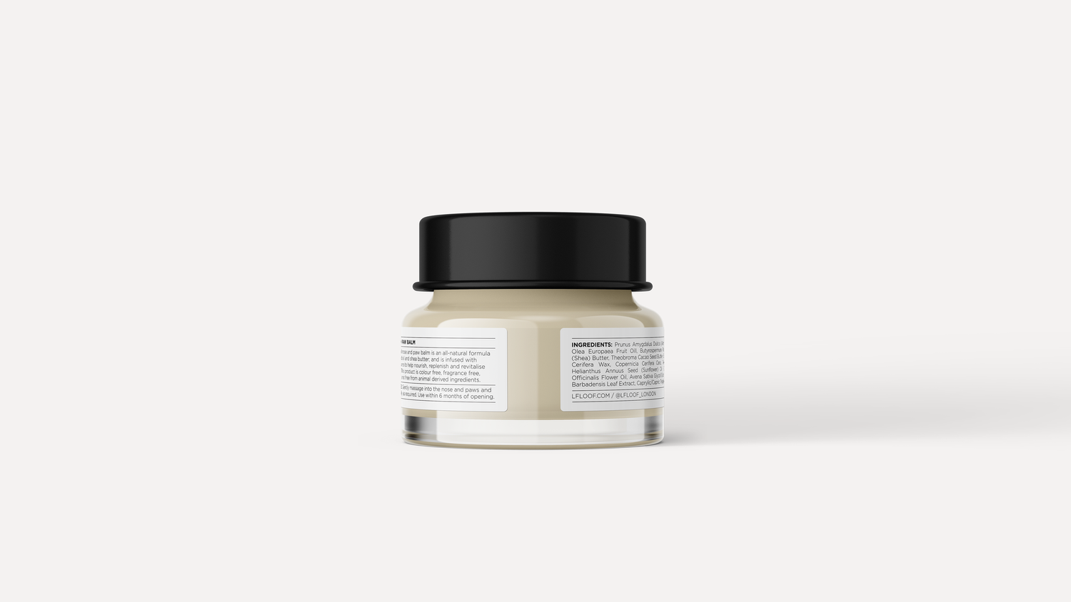 back of l'floof boop and beans paw balm jar displaying ingredients list